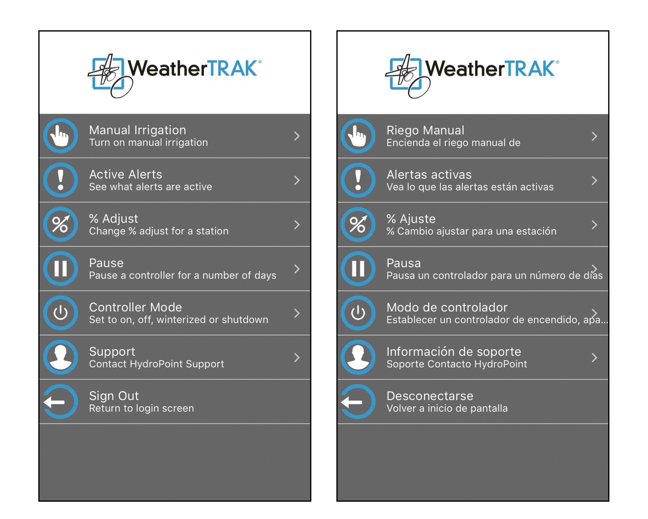 English and Spanish menus for the new WeatherTRAK mobile app by HydroPoint.