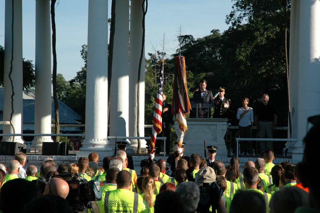 Brett Lemcke at the opening ceremony as the color guard begins the work day at Arlington National Cemetery. PHOTO: Danielle Lanning