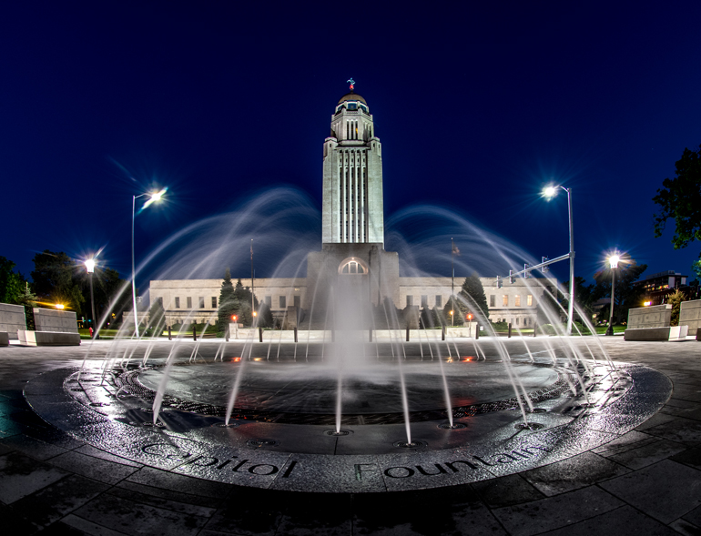 Centennial Mall fountain at night
