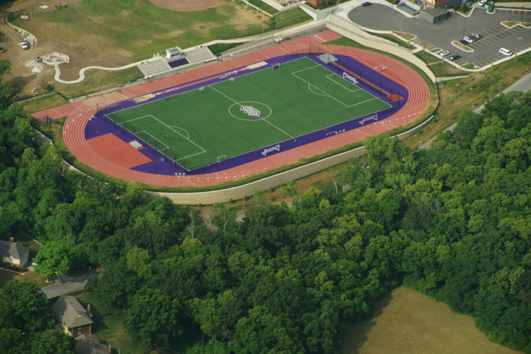 overhead shot soccer stadium retaining wall